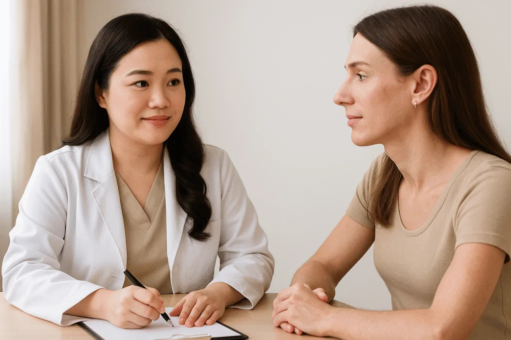 A female doctor in a white coat and beige scrubs consults with a transgender woman patient in a calm, professional setting — illustrating a supportive discussion about SRS PPV (Penile Peritoneal Vaginoplasty)
