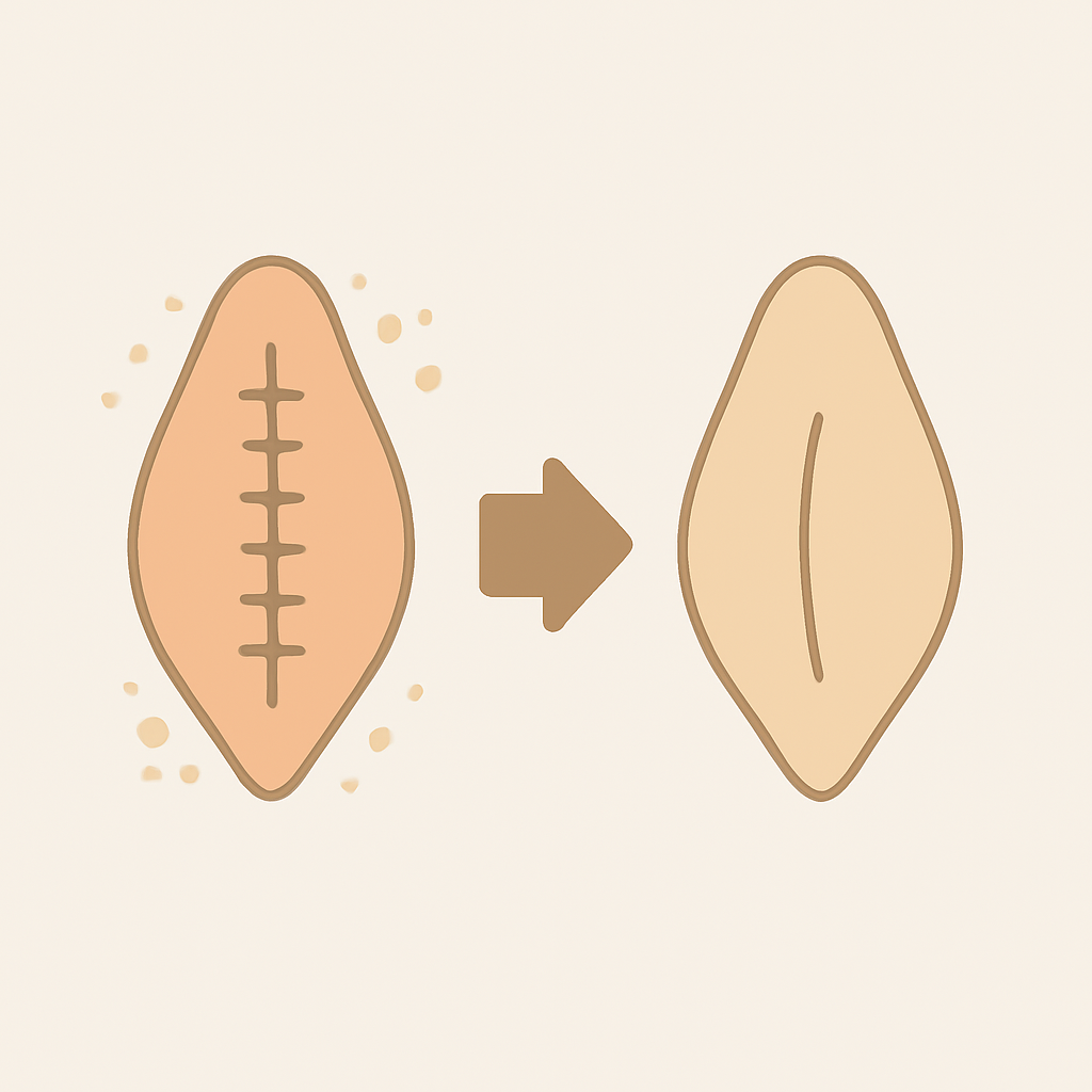 Illustration showing post-operative healing from fresh incision to smooth scar as part of SRS results, created for APS Gender Care
