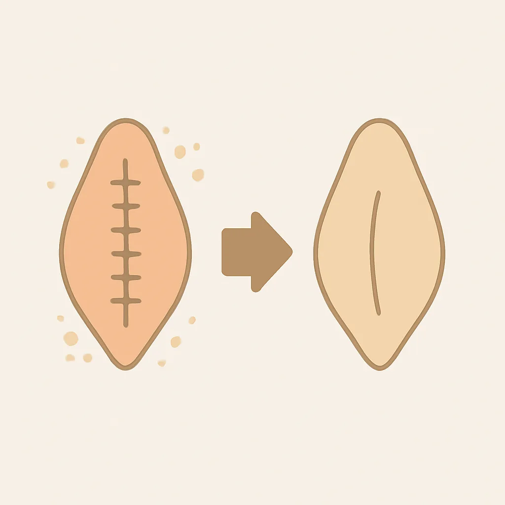 Illustration showing post-operative healing from fresh incision to smooth scar as part of SRS results, created for APS Gender Care
