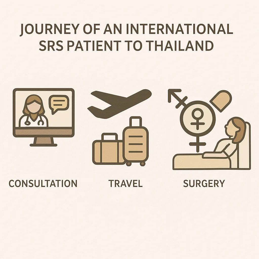 Infographic showing the SRS Thailand journey with APS Gender Care, including consultation, travel, surgery, and recovery steps for international patients