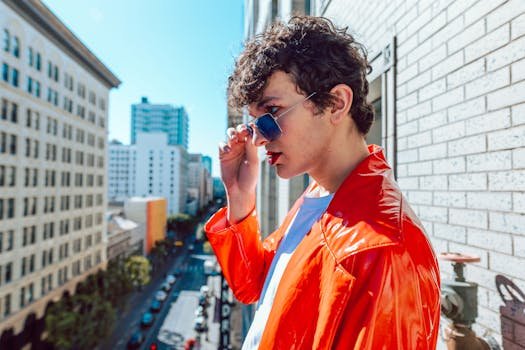 Young adult in urban setting wearing vibrant fashion, sunglasses, embodying modern style and expression.